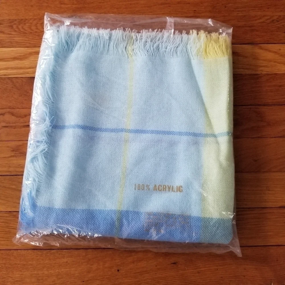Vintage Ombre Stripe Acrylic Fringe Baby Blanket Pastel Pink Blue NOS Soft Girl